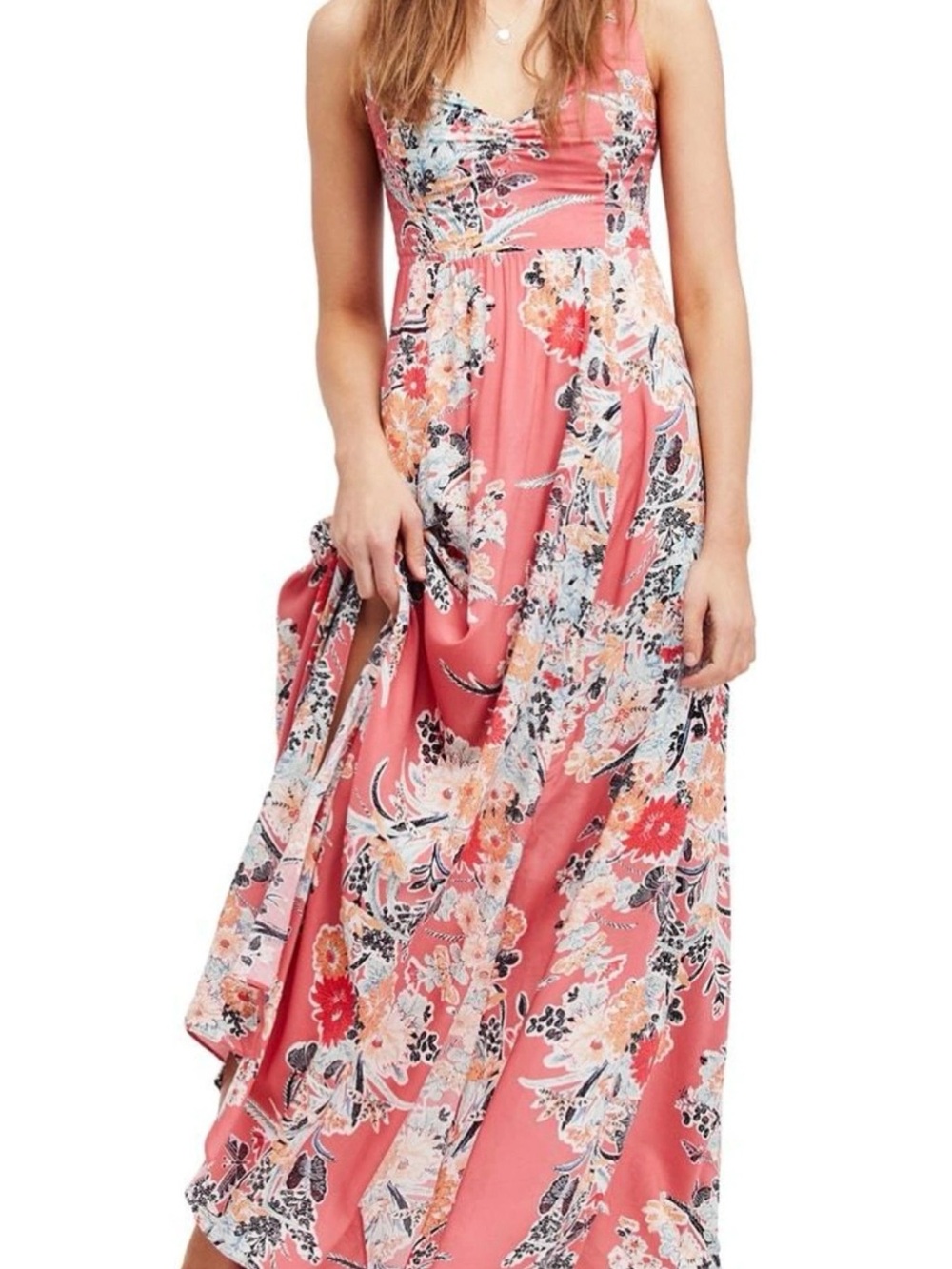 Sleeveless Coral Floral Maxi Dress with V-Neck